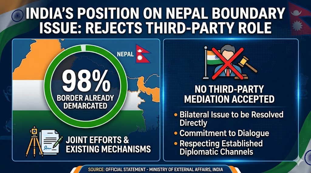 India rejects third-party role in Nepal boundary issue, says 98% border already demarcated