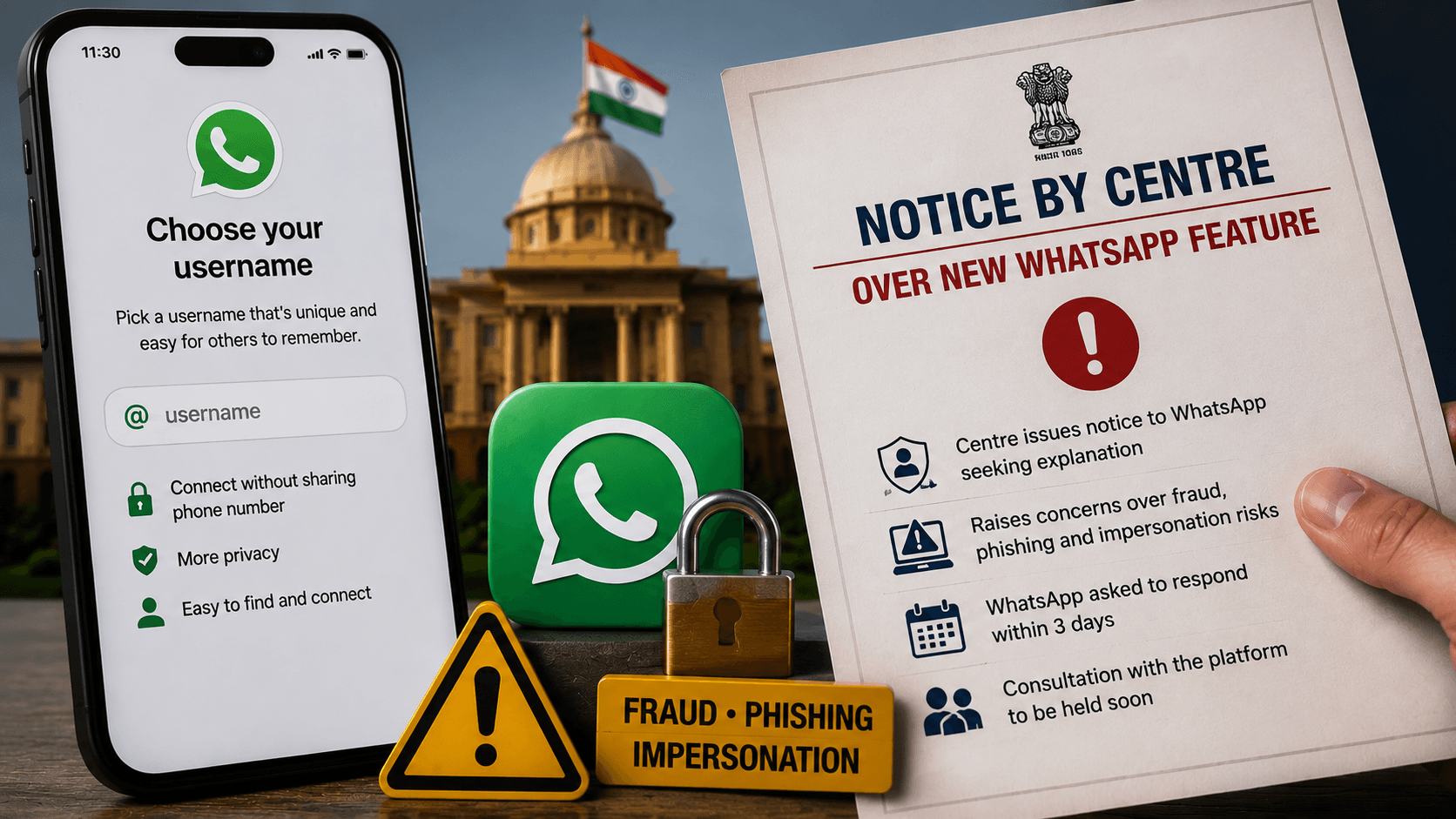 Representative image showing Centre's notice to WhatsApp over username feature.