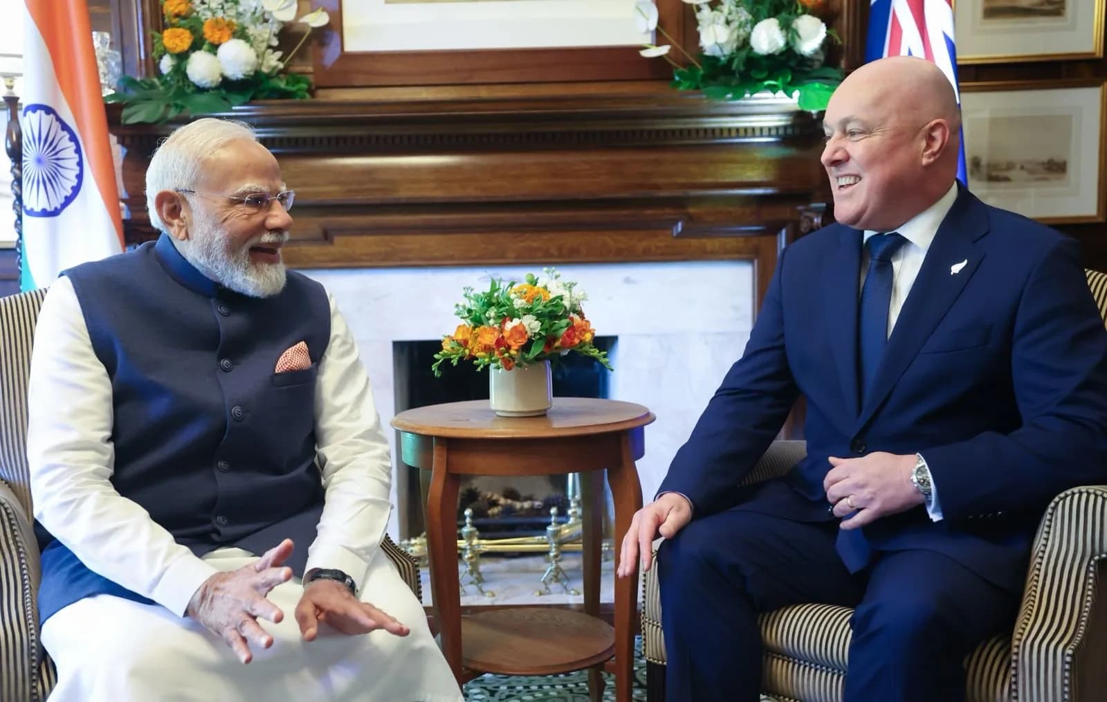 Prime Minister Narendra Modi meets New Zealand Prime Minister Christopher Luxon in Auckland as India-New Zealand strategic partnership is announced.