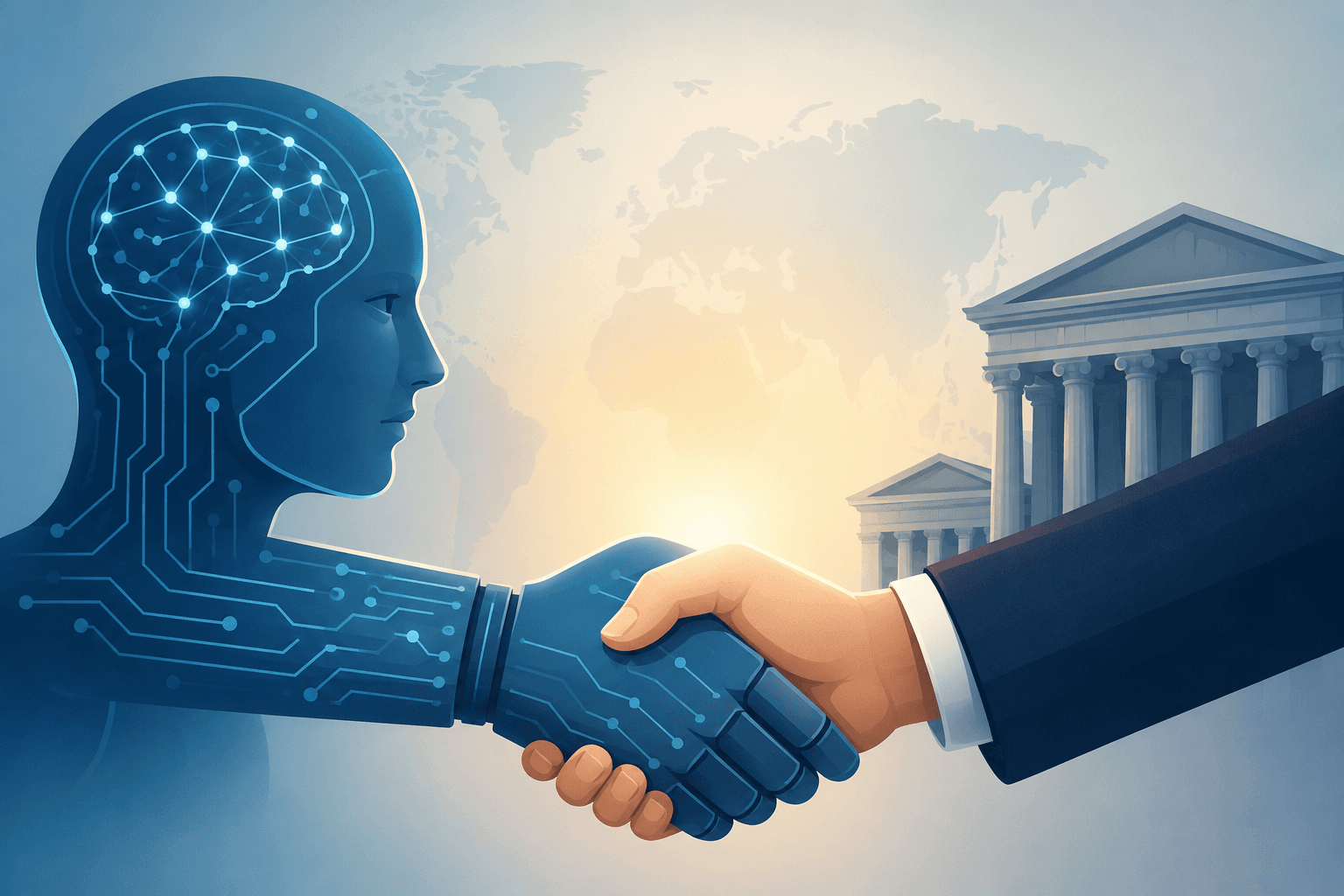 A minimalist digital illustration of a robotic hand shaking a human hand in front of a government building, symbolizing the restoration of access to advanced AI models under US regulatory oversight.