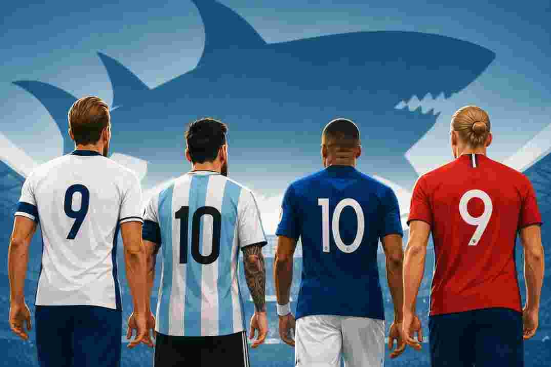 Harry Kane, Lionel Messi, Kylian Mbappe and Erling Haaland illustration with a shark silhouette symbolising Thomas Tuchel's 'sharks' World Cup remark.