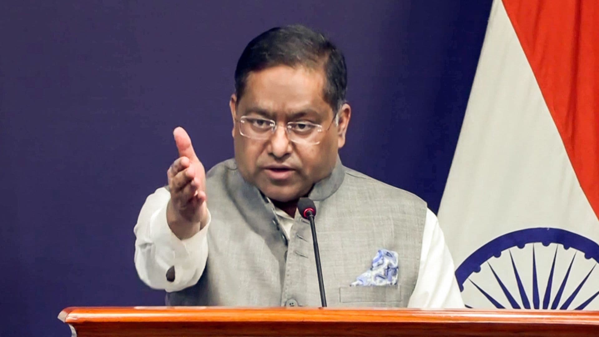MEA Spokesperson Randhir Jaiswal addresses a press briefing