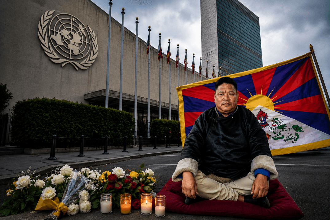 Illustration of a Tibetan protester seated before the United Nations headquarters in New York with a Tibetan flag and memorial candles.
