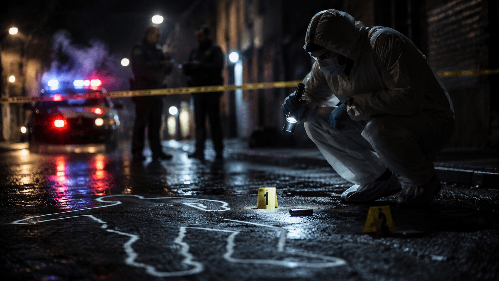 Crime scene under police investigation at night with forensic officers and flashing lights.