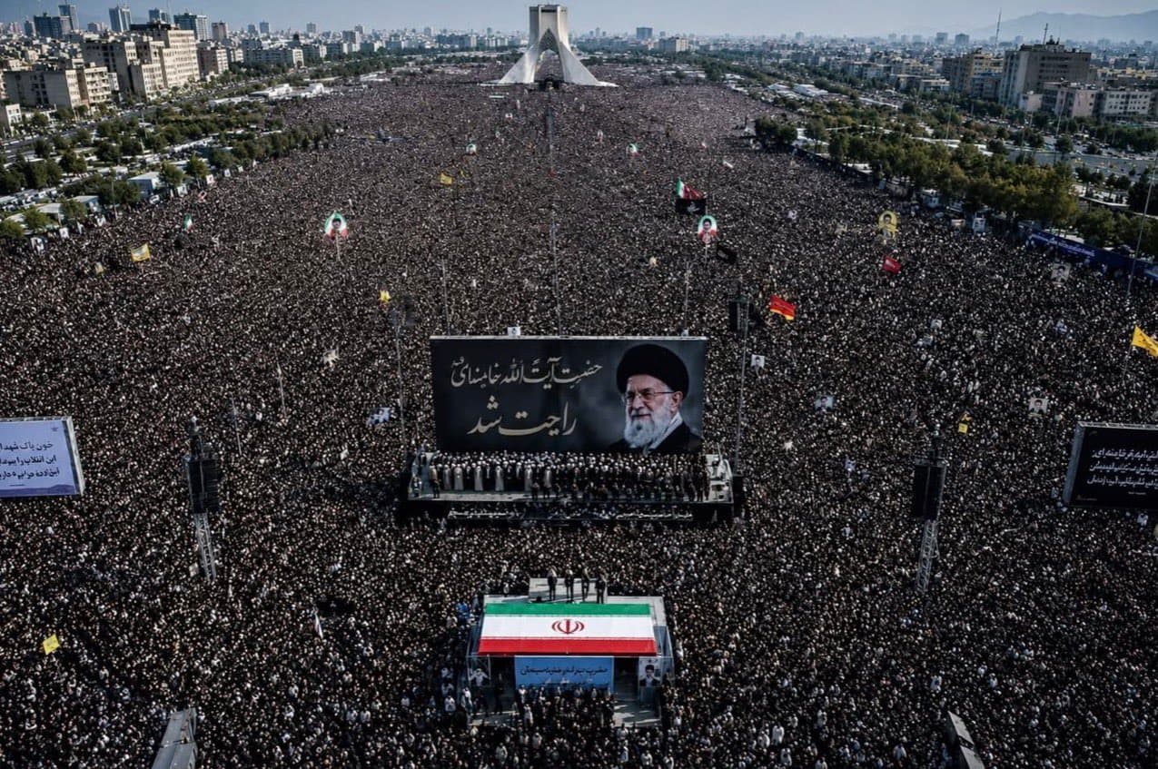A massive crowd gathers at Tehran's Azadi Square during funeral ceremonies for Iran's late Supreme Leader Ayatollah Ali Khamenei.