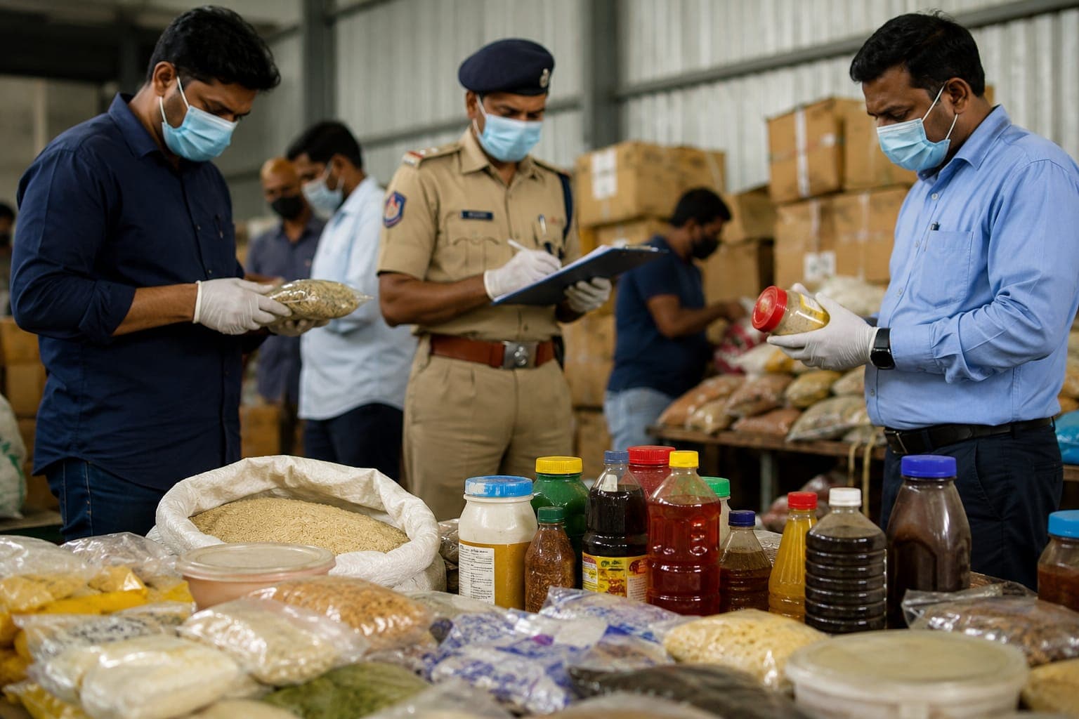 Food safety officials inspect packaged food items during a warehouse raid.