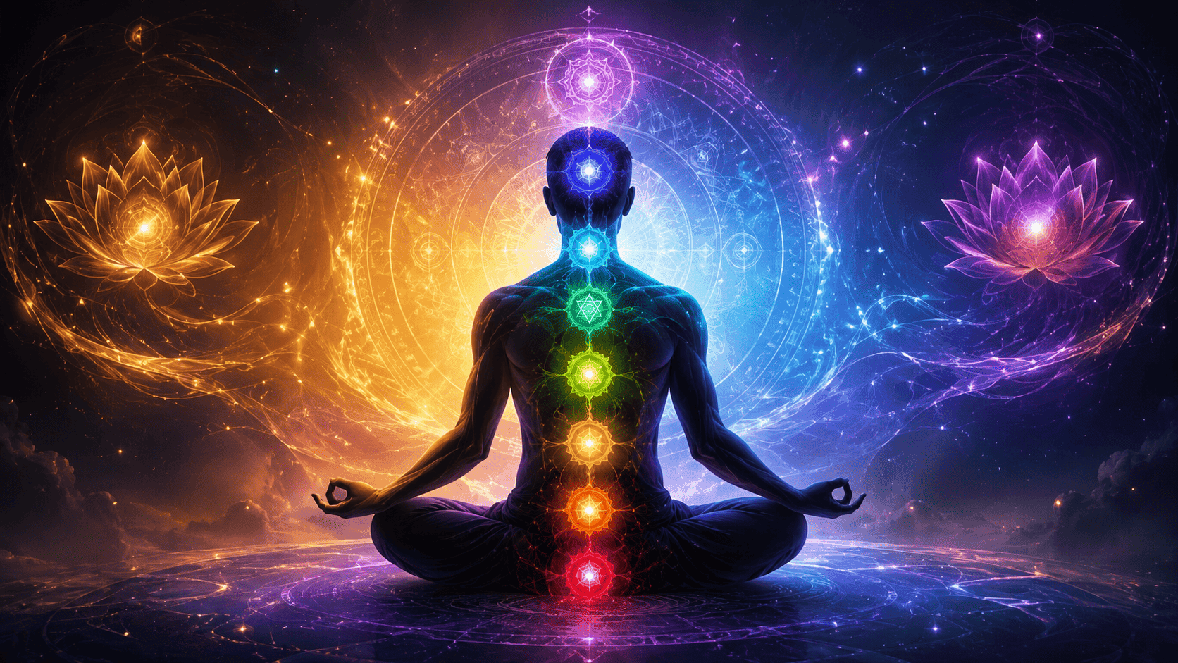 Meditative figure with glowing chakras