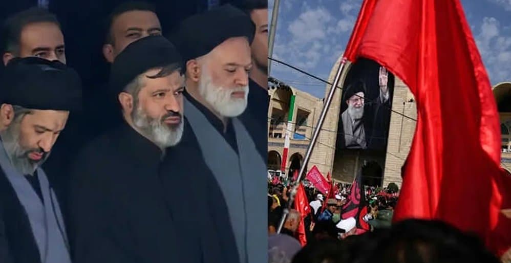 Mojtaba Khamenei's brothers attend Ali Khamenei's funeral in Tehran as mourners gather with flags during Iran funeral ceremony.