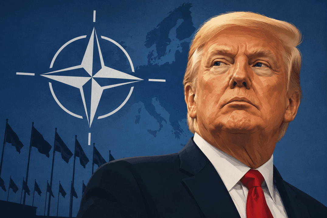 Donald Trump illustration with NATO logo highlighting NATO summit and Trump's loyalty demand to allies.
