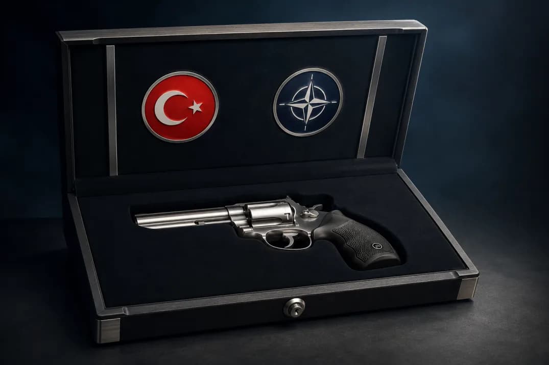 Illustration of an engraved revolver in a presentation case with Turkey and NATO emblems, depicting Erdogan's NATO summit gift to alliance leaders.