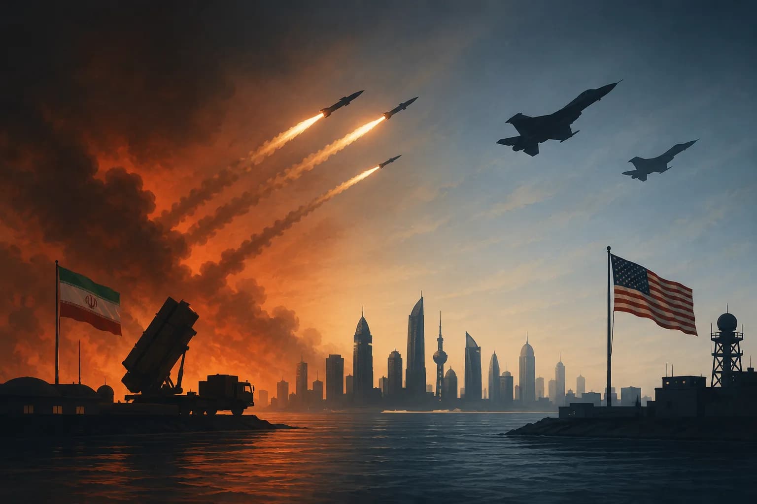 Iran-US conflict illustration showing missile strikes over Gulf military infrastructure amid escalating regional tensions.
