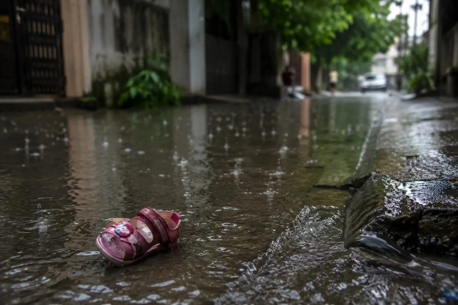 Illustration depicting a lone slipper floating on waterlogged street.