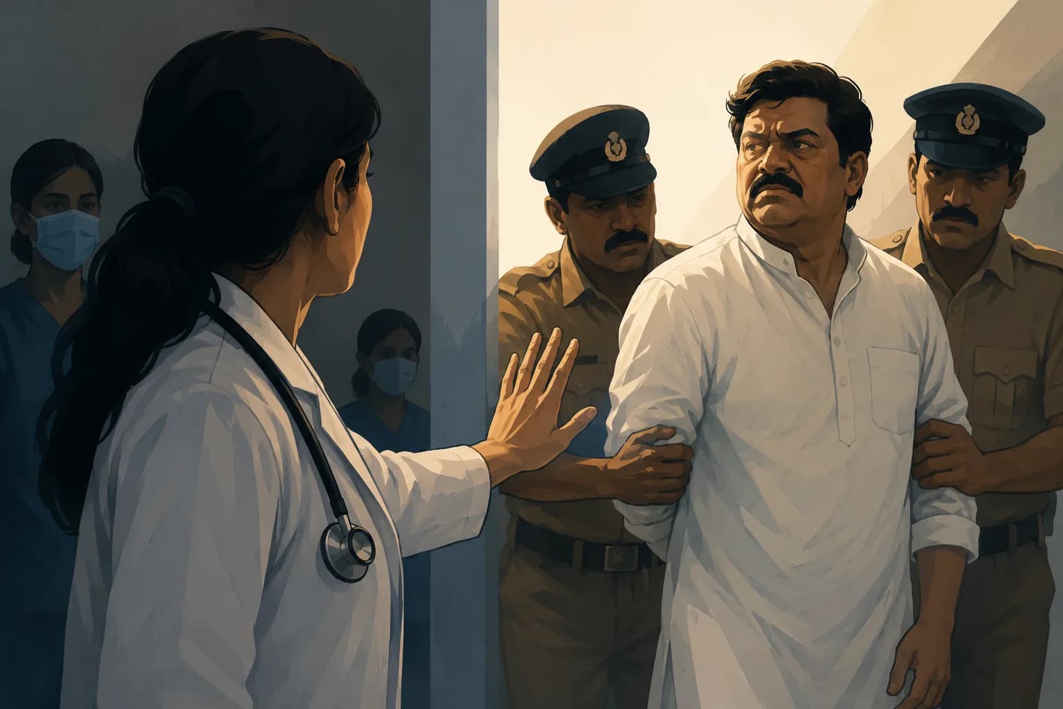 Illustration of the Thane doctor assault case showing a doctor facing police escorting an accused, highlighting the arrest of Shiv Sena corporator Ramesh Mhatre after the Dombivli hospital incident.