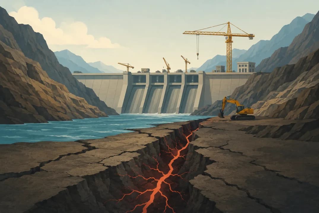 Illustration of China's Brahmaputra mega dam with an active fault line beneath the structure, highlighting geological risks facing the Yarlung Tsangpo hydropower project.