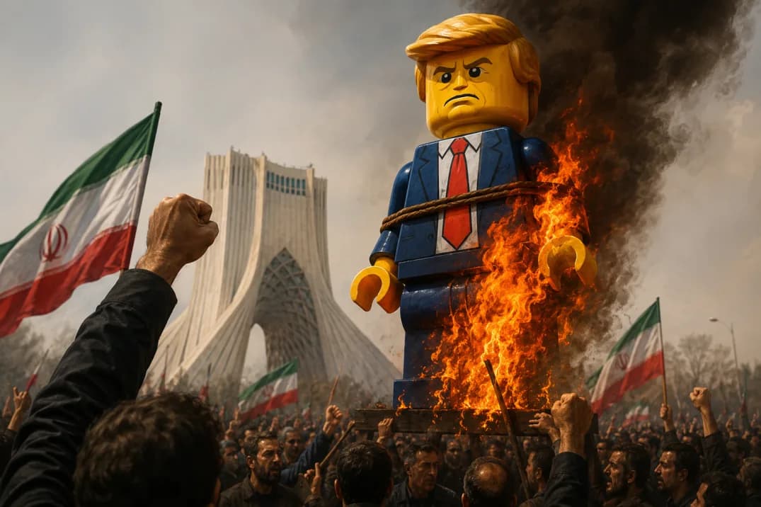Illustration of a burning Trump 'Lego' effigy during Ali Khamenei's funeral, depicting Iran's symbolic anti-US political messaging.