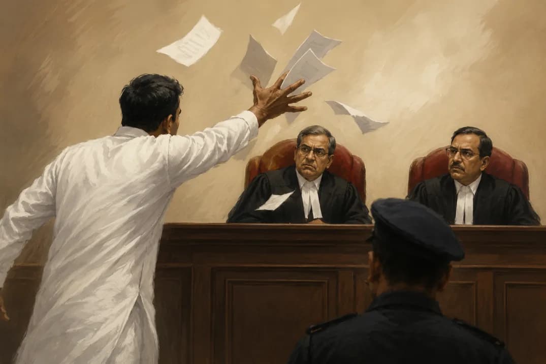 Illustration of a Supreme Court courtroom as a petitioner throws papers toward the bench