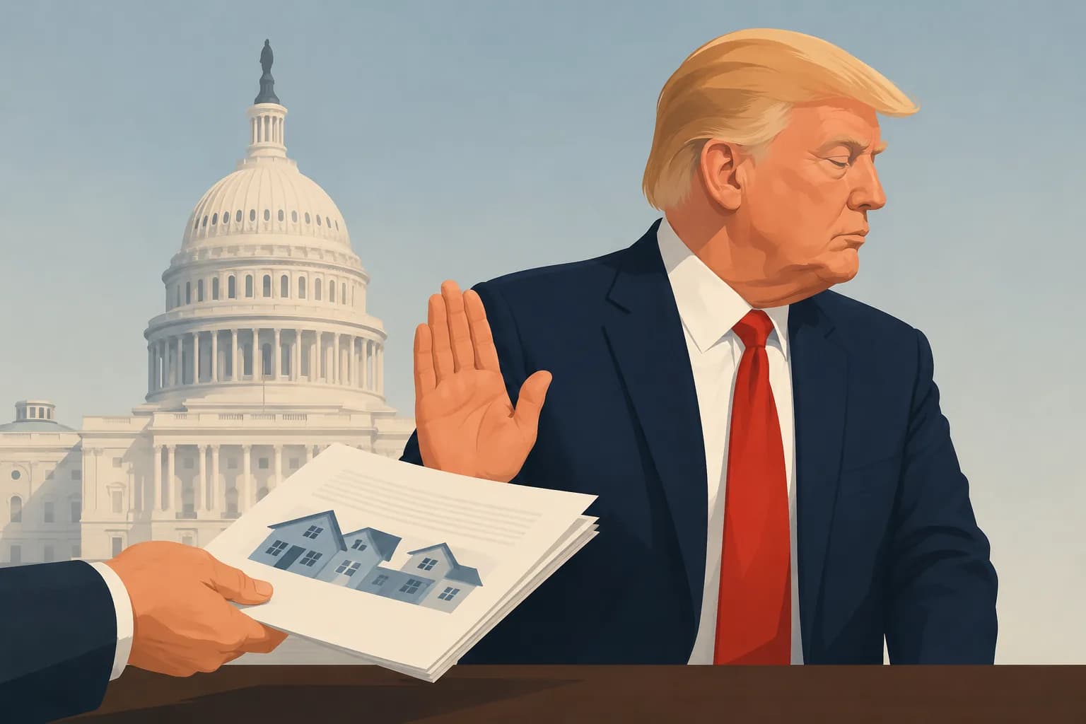 Illustration depicts Donald Trump declining to sign the bipartisan housing bill.
