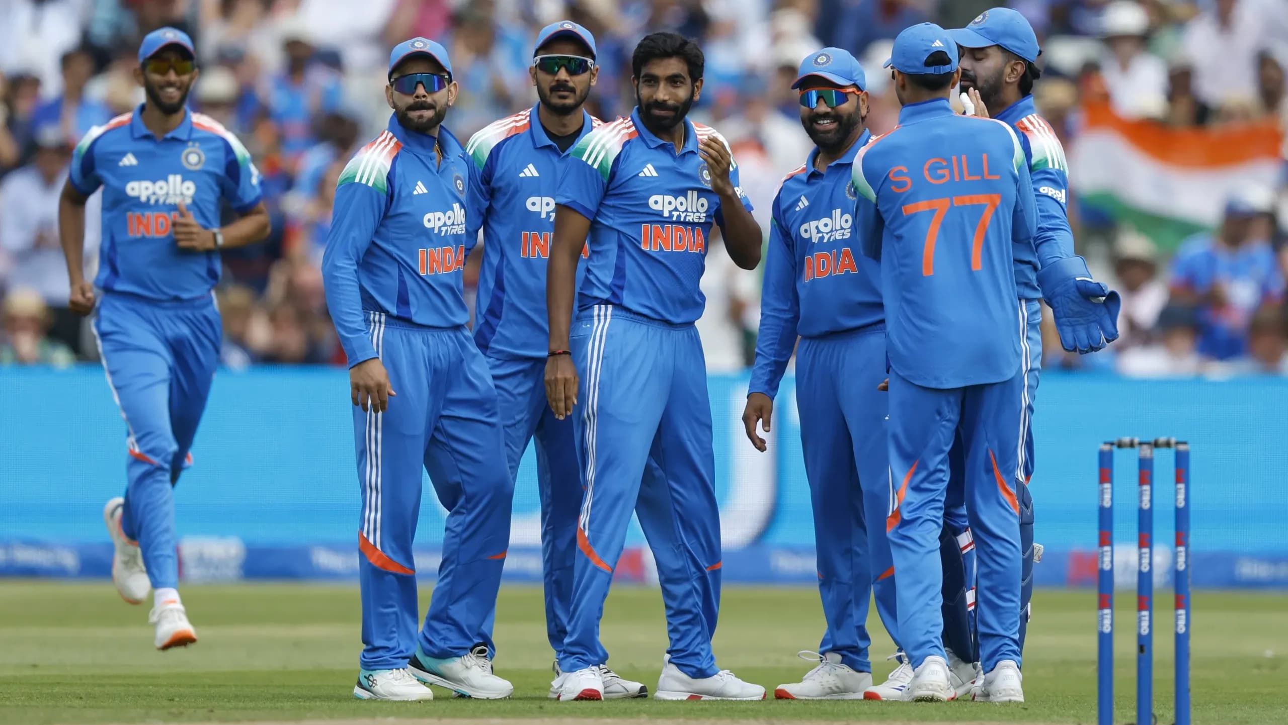 Team India celebrates after dismissing England skipper Harry Brook during the 1st ODI