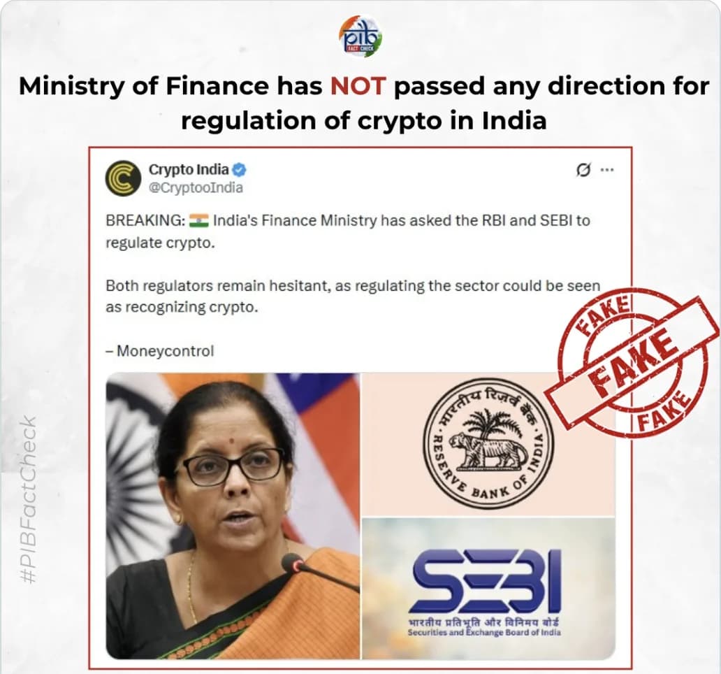PIB debunks fake claim on crypto regulation by Finance Ministry. (X)