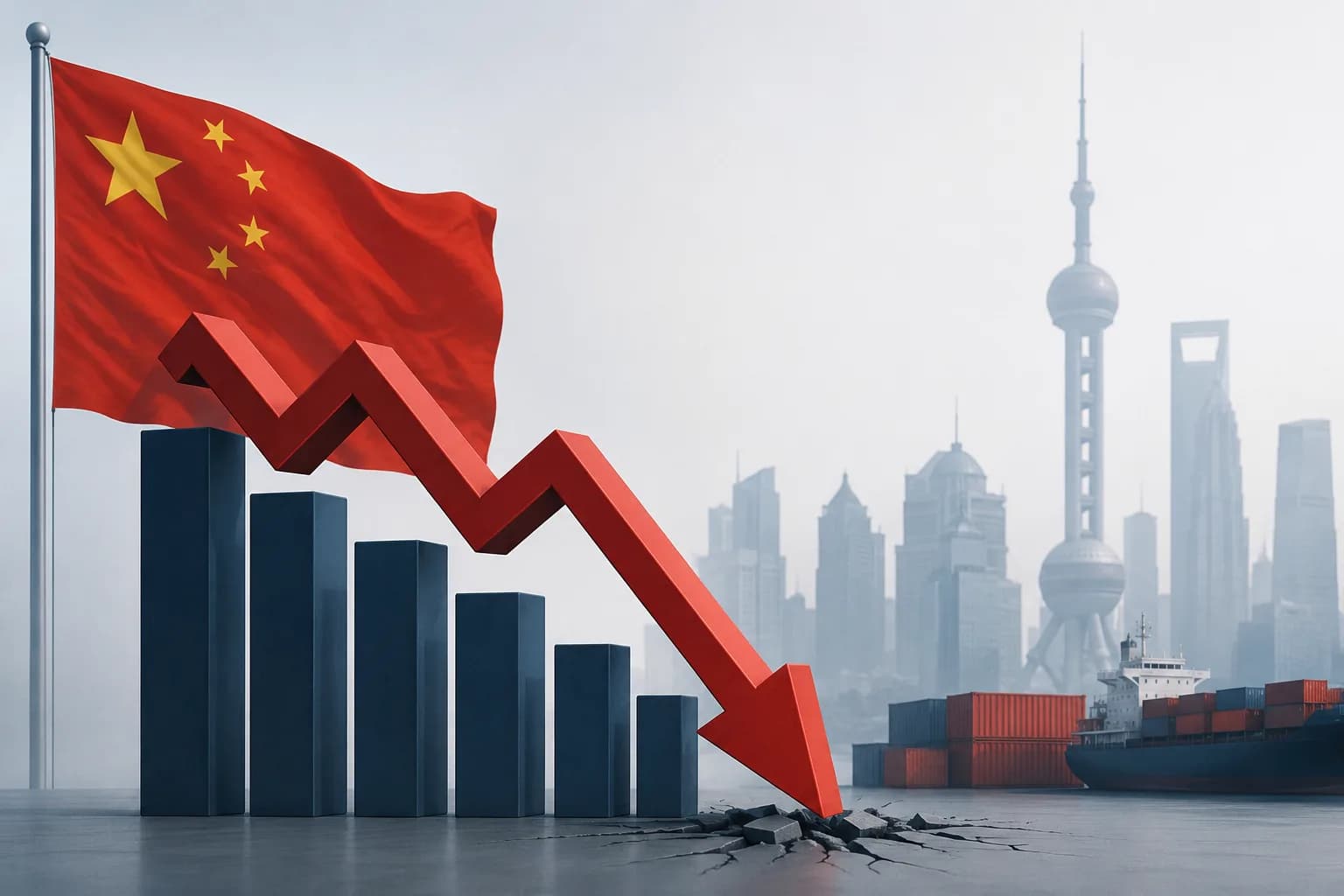 An illustration depicts China's slowing economy as GDP growth eased to 4.3% in the second quarter.