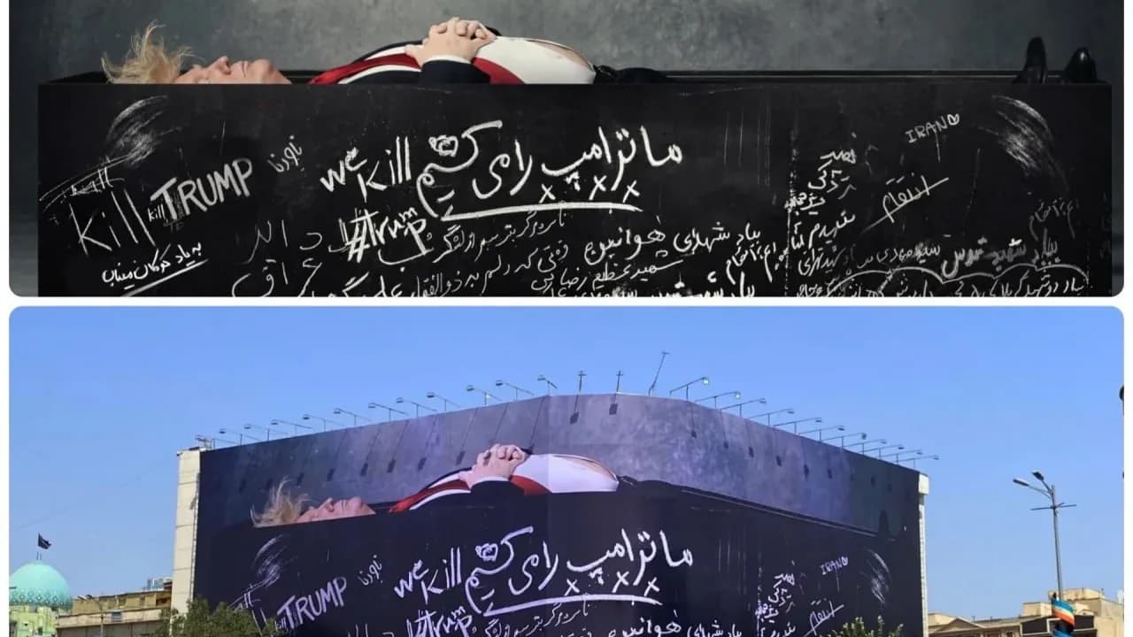 Trump shown in coffin on Tehran billboard carrying chilling warning | X/@RT_on_X