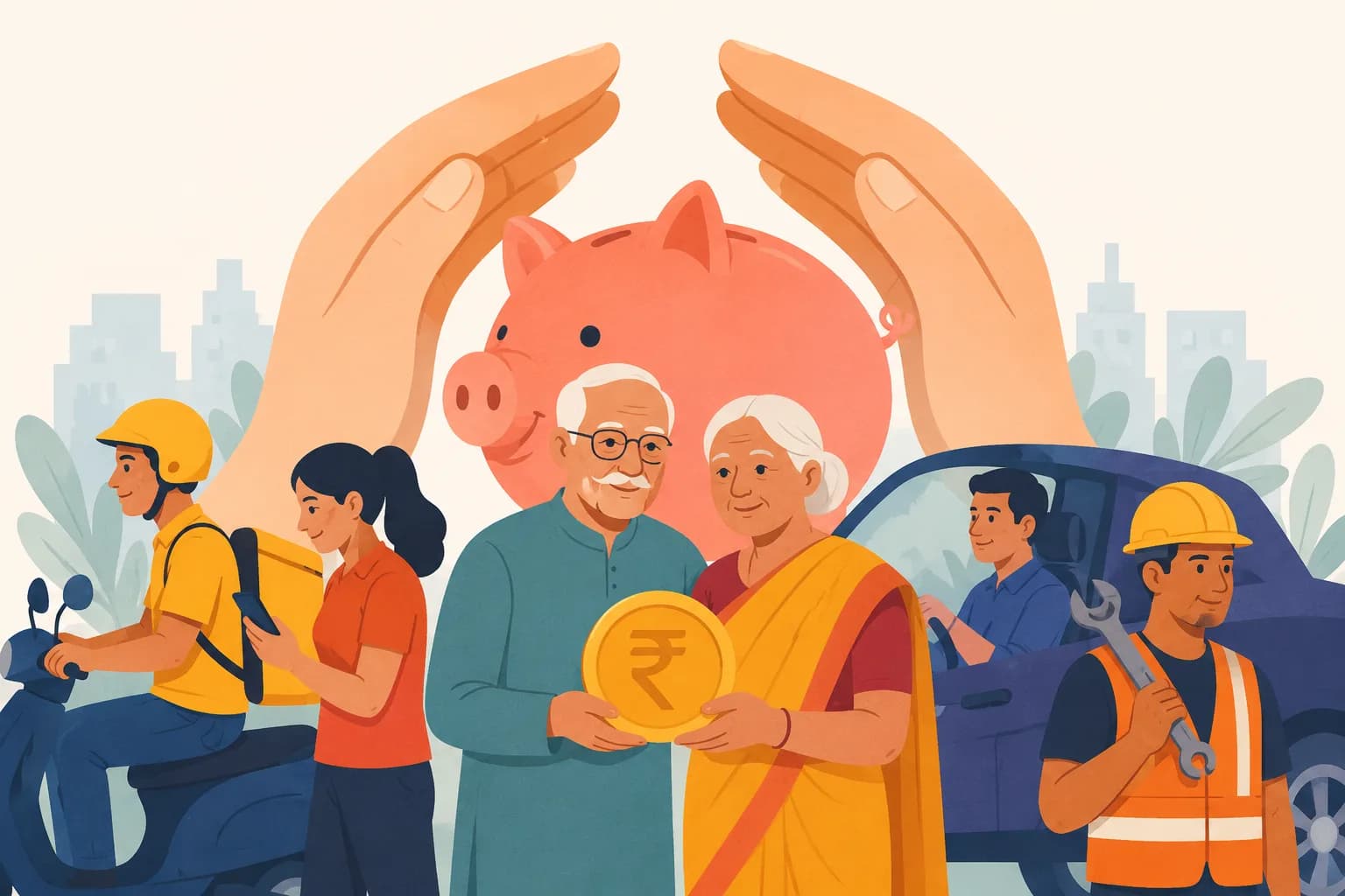 Illustration of an elderly couple holding a rupee coin beneath a protective piggy bank, surrounded by gig workers and unorganised workers.