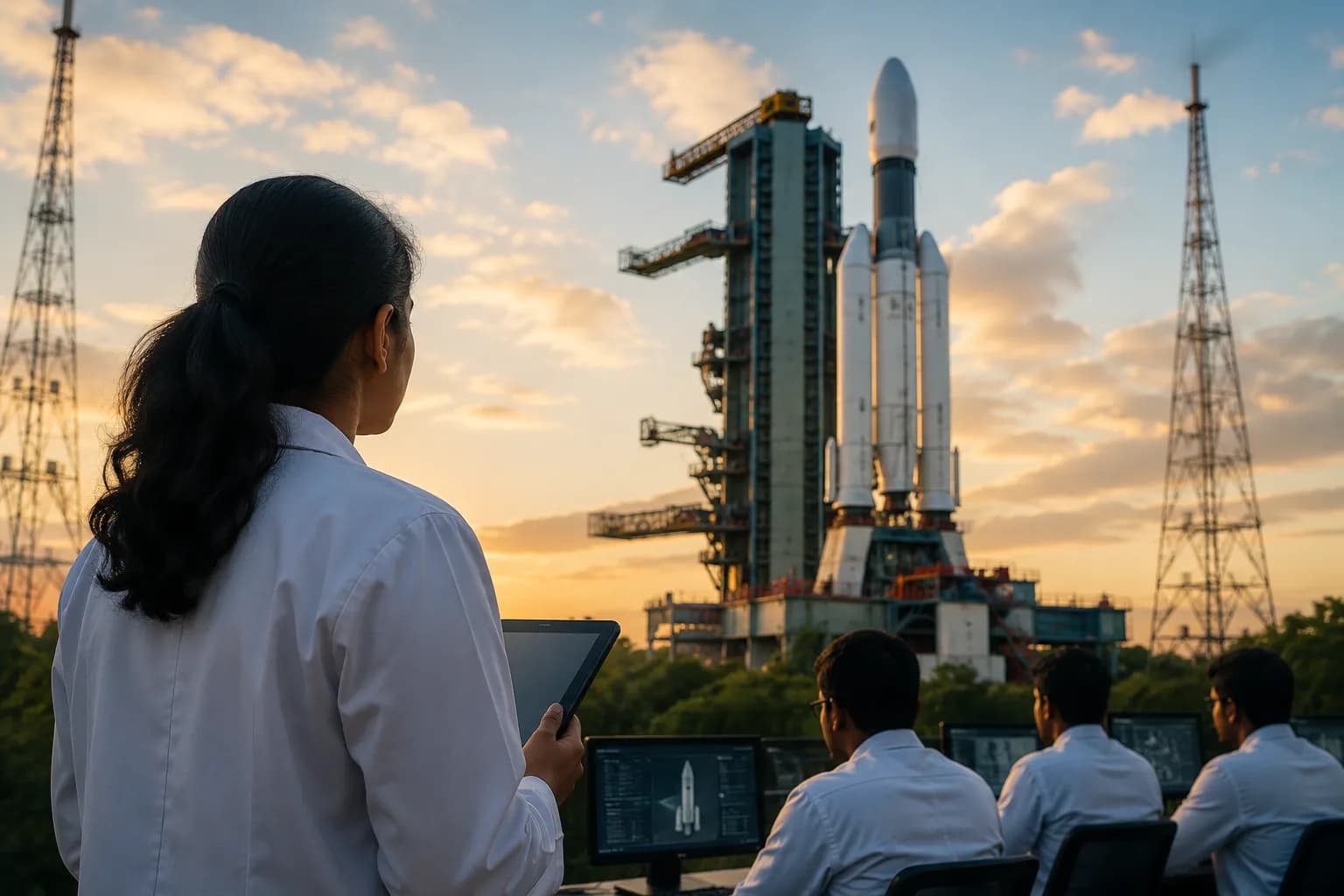 An illustration of ISRO scientists monitoring a rocket at a launch complex