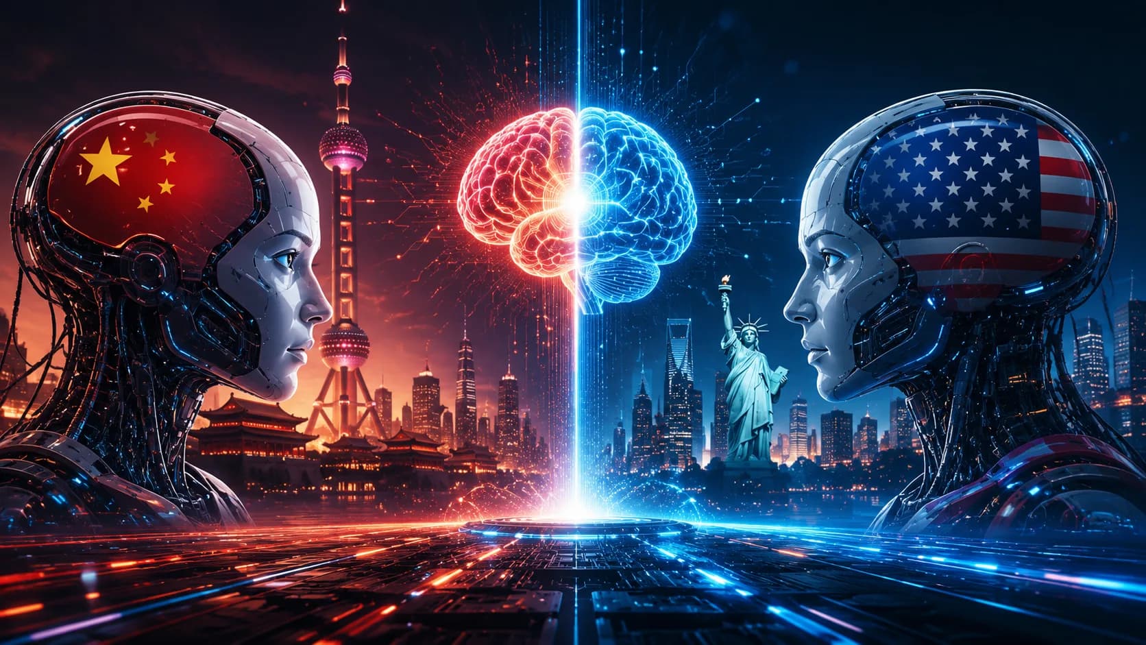Futuristic representation of the global AI race between China and the United States.