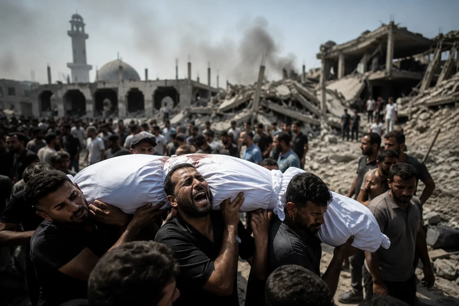 Grieving Palestinians carry a shrouded body during a funeral procession in central Gaza as smoke rises over damaged buildings