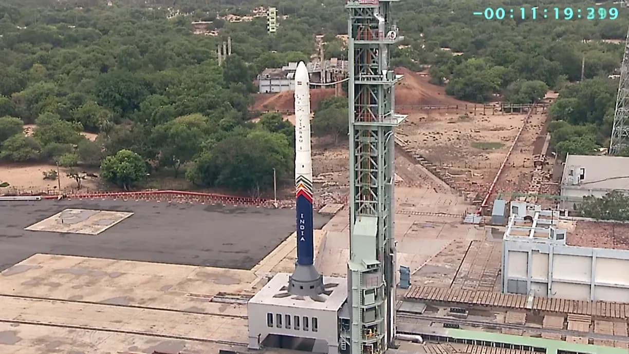Vikram-1 stands over Launch Pad at SHAR before its launch from the Satish Dhawan Space Centre, in Sriharikota, on Saturday | ANI