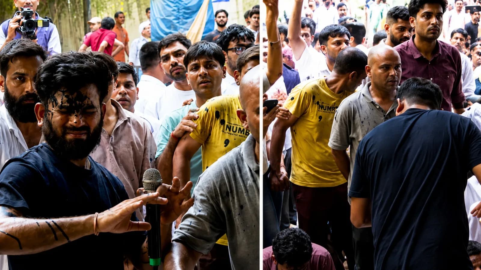 Abhijeet Dipke sits on a hunger strike at Jantar Mantar moments before a woman throws ink at him.
