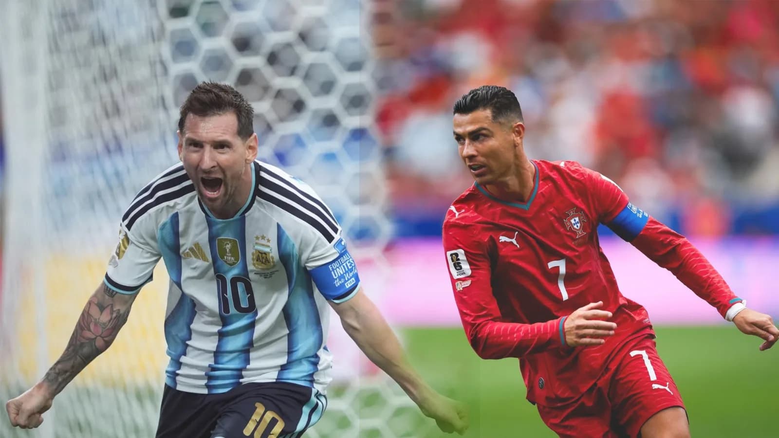 Lionel Messi and Cristiano Ronaldo in a split-image representing a study exploring how football fans' GOAT preference may be linked to personality traits, political views, and self-esteem.