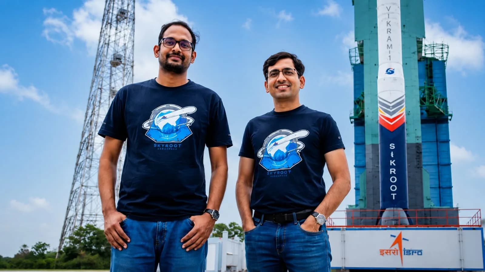 Skyroot founders with rocket