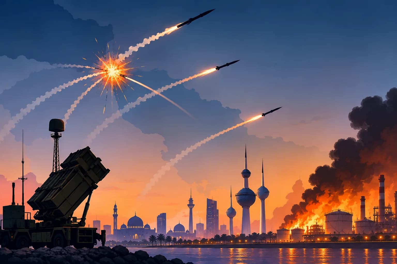 An illustration depicts Jordan intercepting Iranian missiles as the regional conflict widens