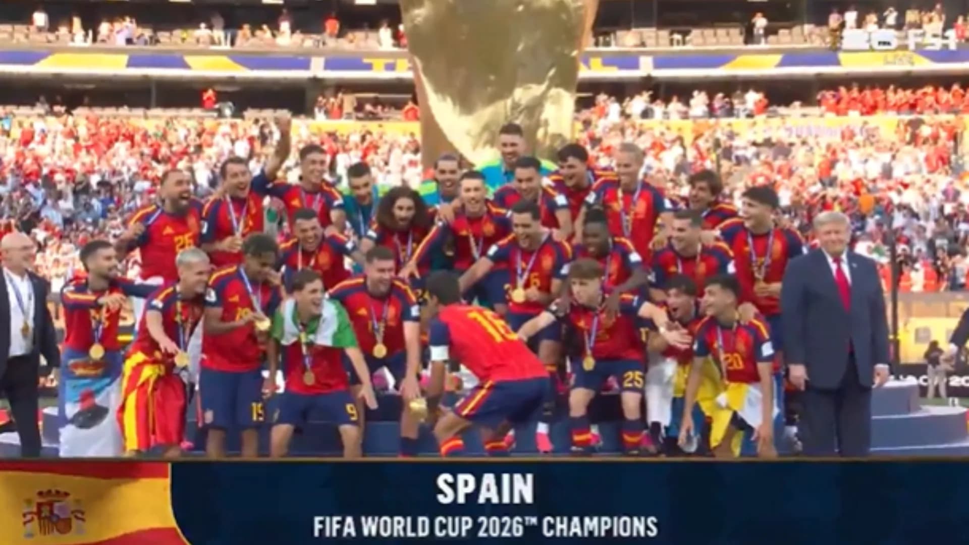 Donald Trump's awkward World Cup podium moment has gone viral after FIFA chief Gianni Infantino stepped in during Spain's title celebrations | X/@WhiteHouse