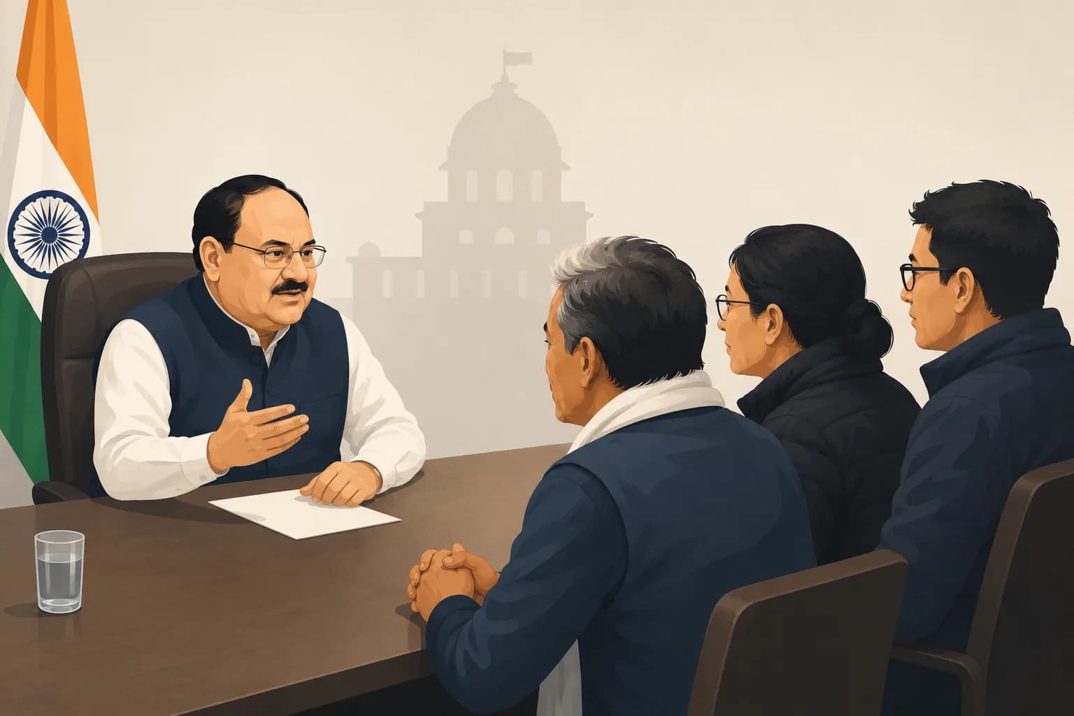 An illustration depicts Union Minister JP Nadda meeting representatives of the protest movement in Delhi.