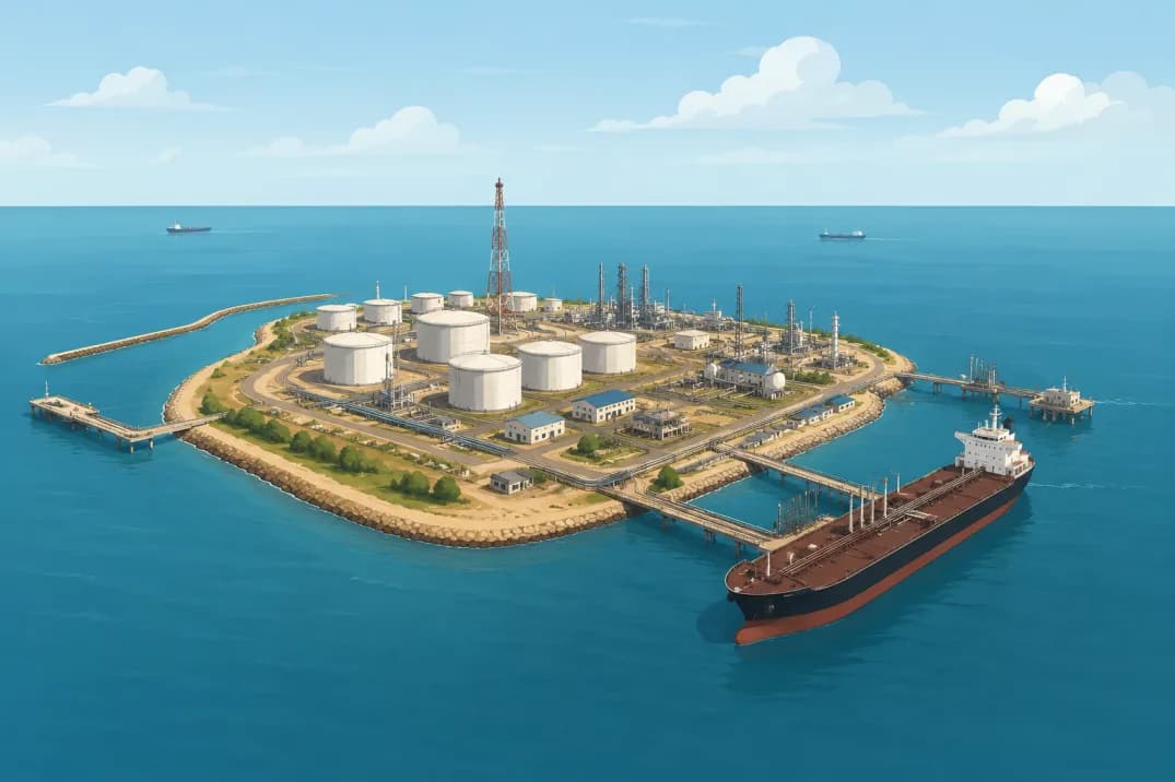 An illustration of Kharg Island, Iran's main oil export hub in the Persian Gulf