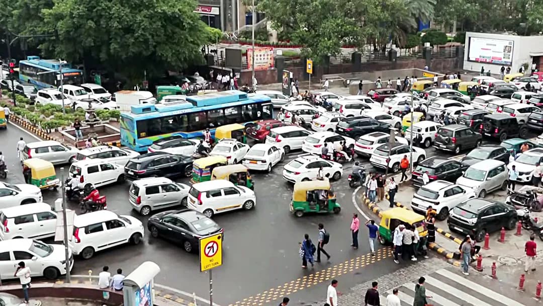 Vehicles stuck in a traffic jam at Connaught Place due to CJP Protest, in New Delhi on Monday/ ANI