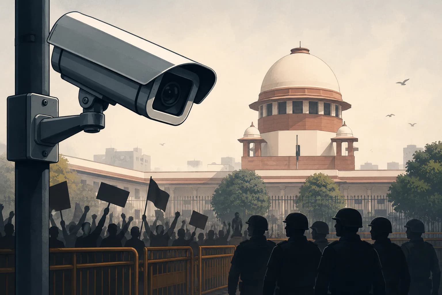 Illustration of a CCTV camera overlooking protesters and police.