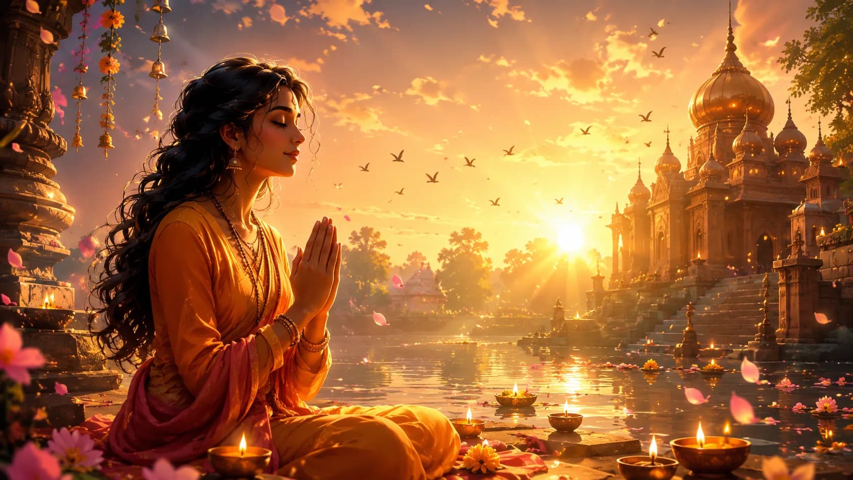 Devotee praying by a riverside temple at sunrise in peaceful devotion