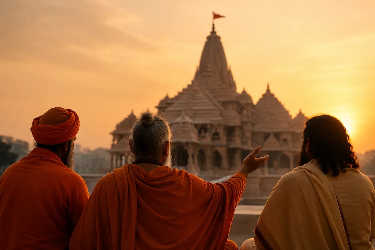 Illustration of Ayodhya seers standing before the Ram temple