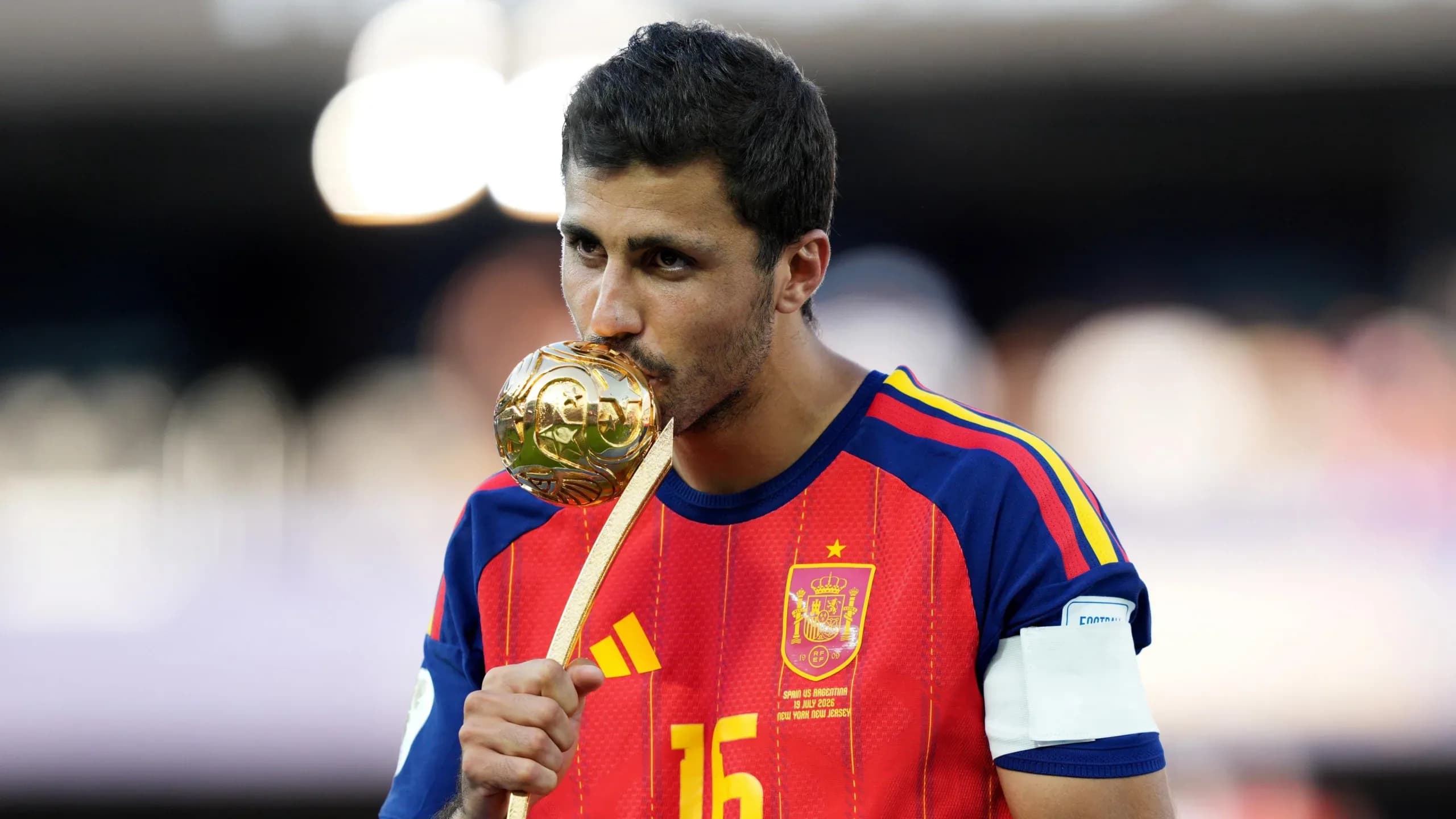 Spain captain Rodri celebrates after winning the Golden Ball