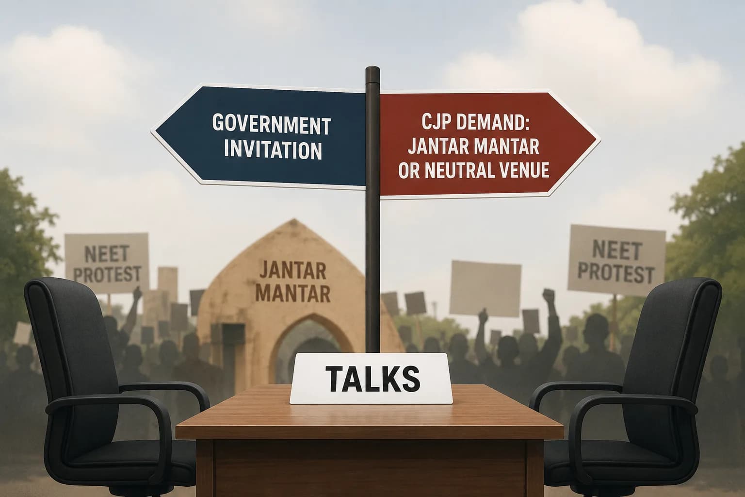 Illustration of a symbolic meeting table facing a protest backdrop at Jantar Mantar