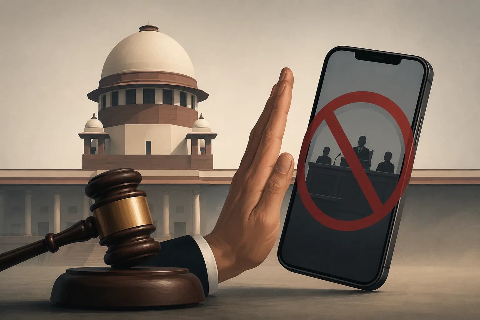 An illustration depicting the Supreme Court's decision to prohibit the unauthorised uploading, sharing, editing and monetisation of court hearing videos
