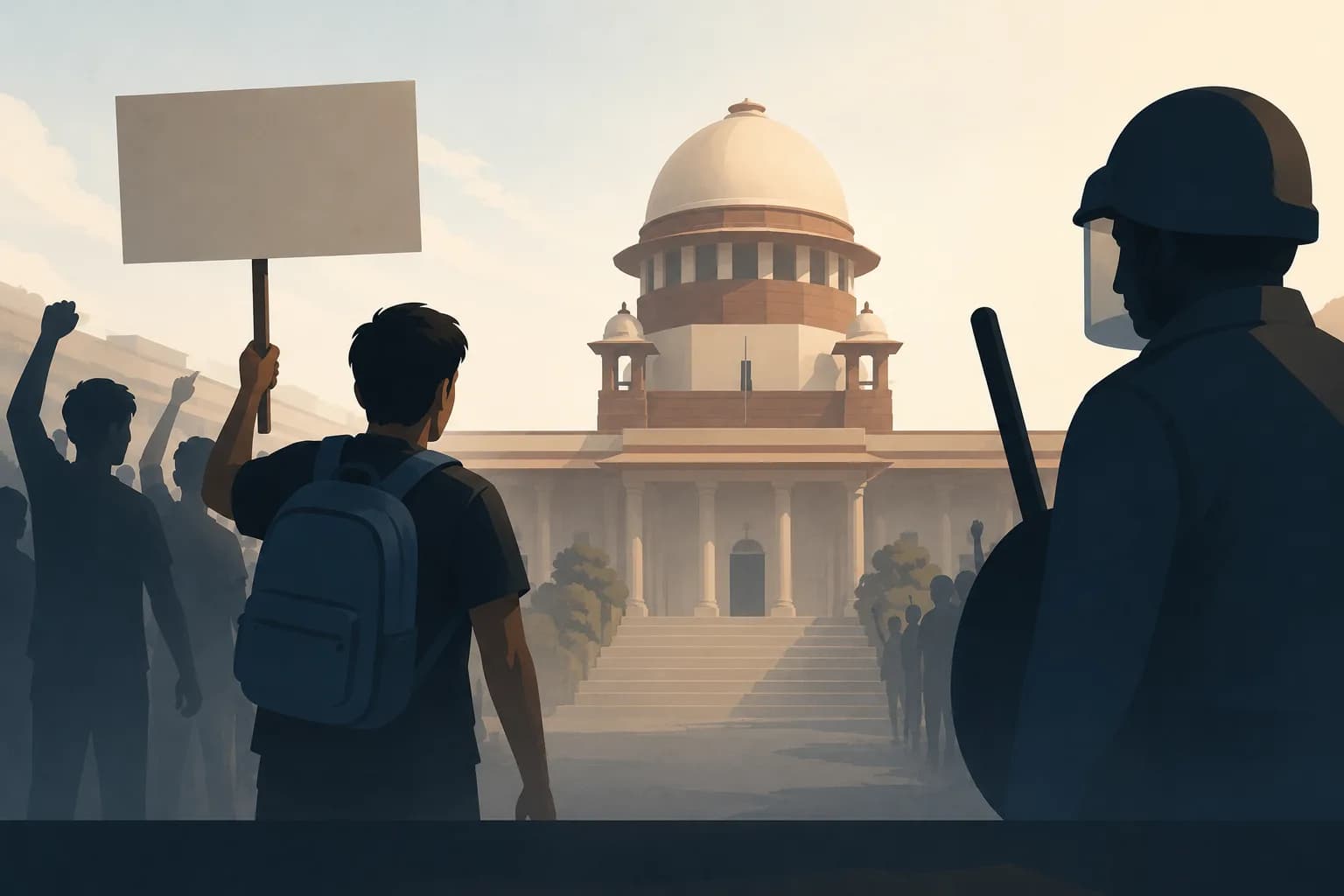 A minimalist illustration depicts the Supreme Court taking up petitions alleging police excess against students during the NEET paper leak protests