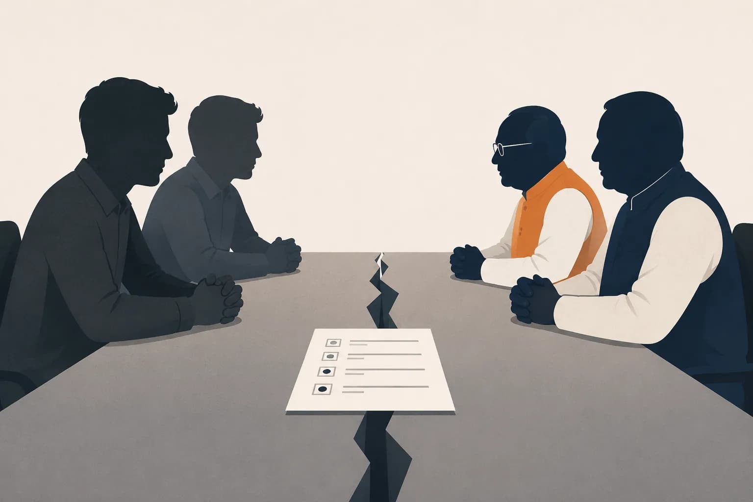 A minimalist illustration depicts the continuing deadlock between the CJP and Union ministers during talks over the NEET controversy