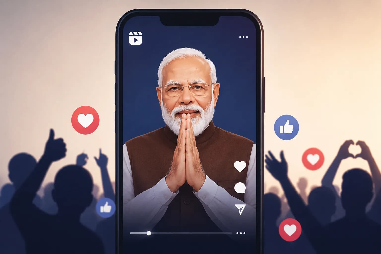 Illustration of PM Modi on a smartphone Instagram reel, thanking viewers