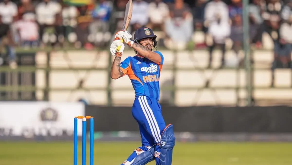 Ishan Kishan plays a lofted shot against Zimbabwe during the 2nd T20I