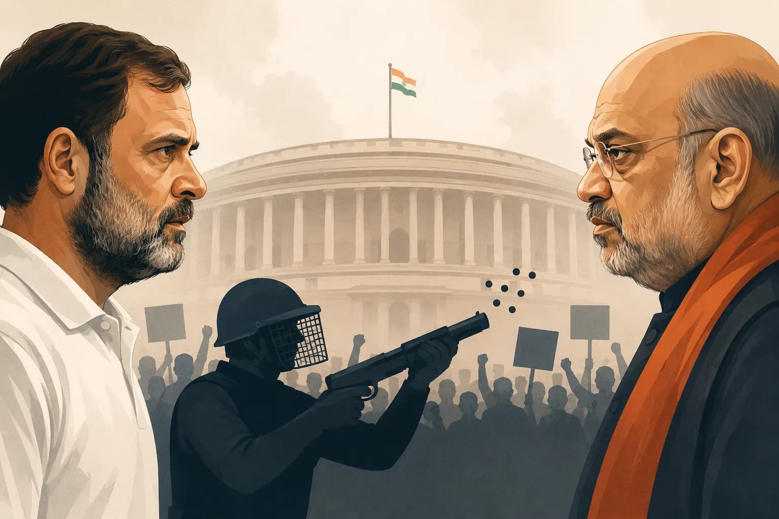 An illustration depicts the confrontation between Rahul Gandhi and Amit Shah