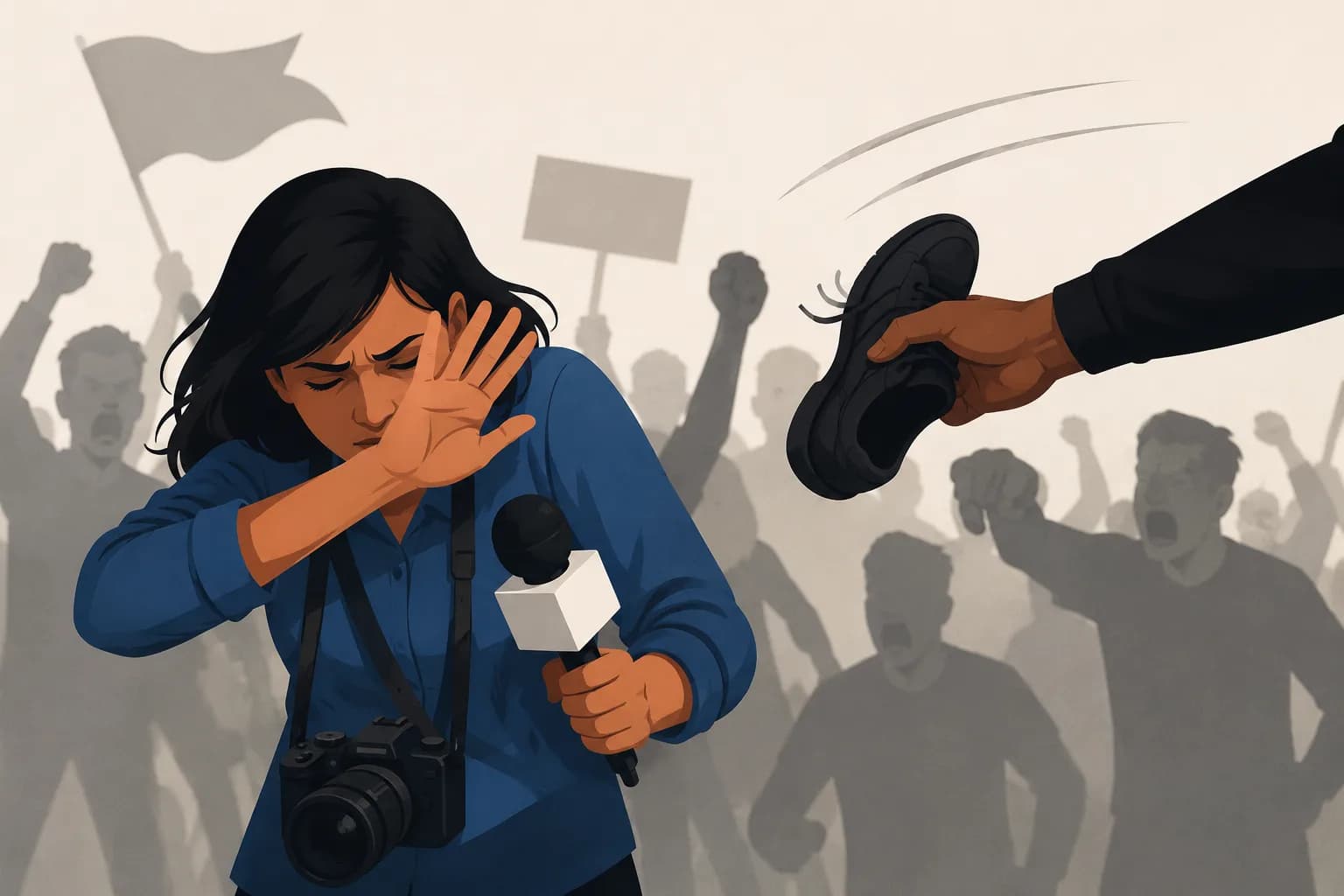 A symbolic illustration depicts a journalist under attack during a NEET protest